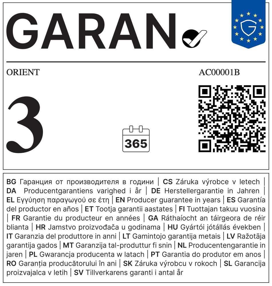 EU GARAN label - ORIENT AC00001B - 3 year producer guarantee of durability