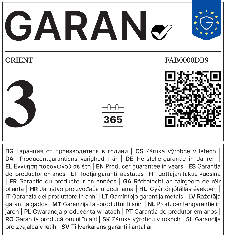 EU GARAN label - ORIENT FAB0000DB9 - 3 year producer guarantee of durability