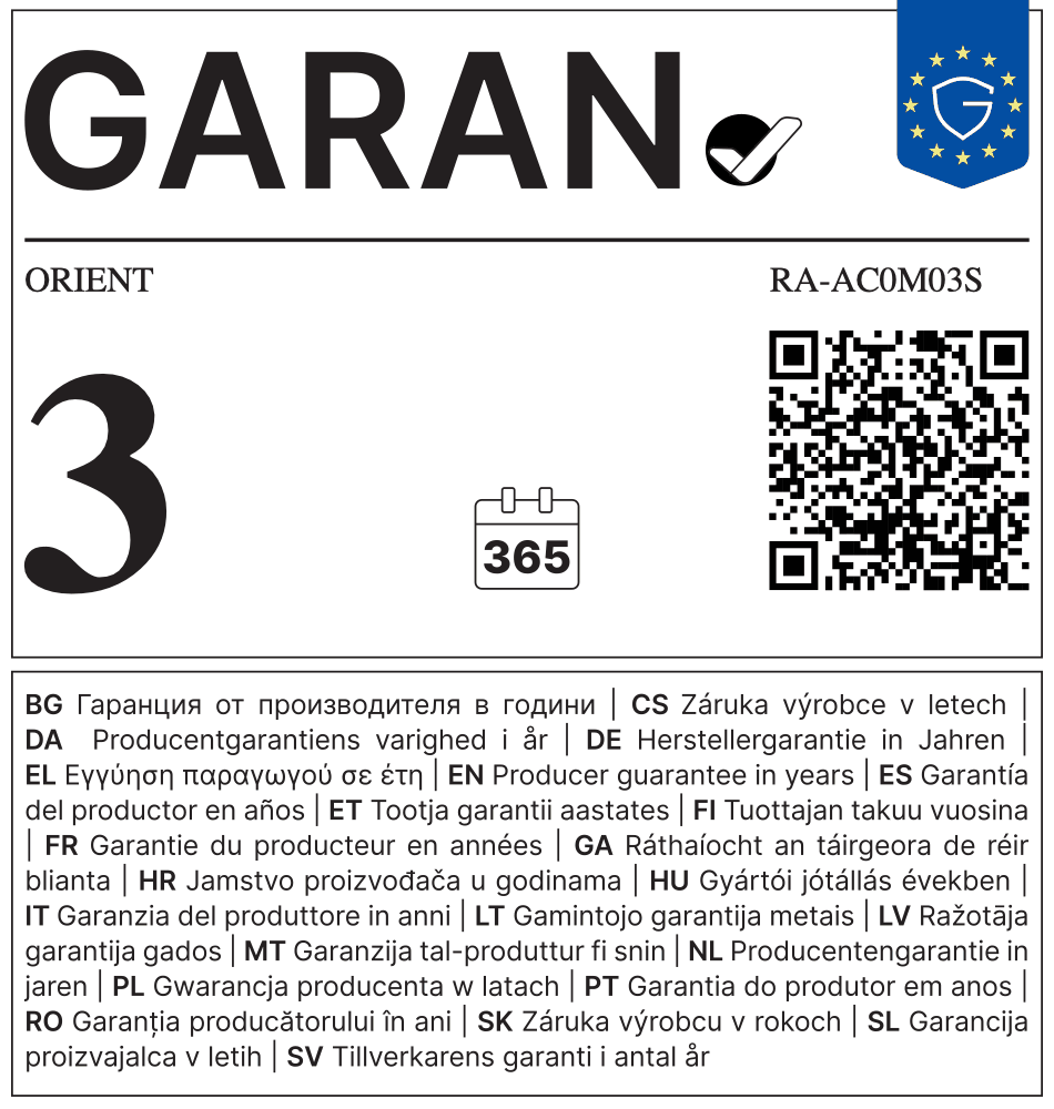 EU GARAN label - ORIENT RA-AC0M03S - 3 year producer guarantee of durability